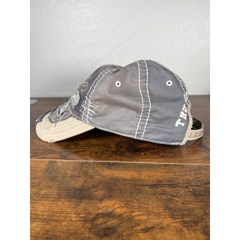 True Religion Distressed Buddha Logo‎ Baseball Cap Grey Tan Contrast Stitch Hat